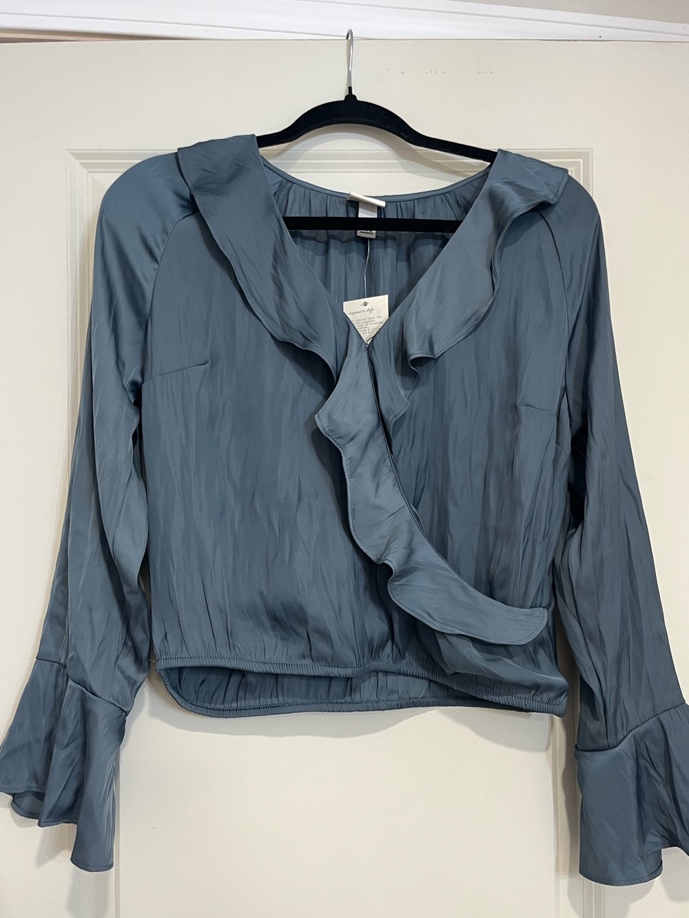 a new day Ruffle Front Long Sleeve Blouse - Slate Blue - Picture 2 of 6
